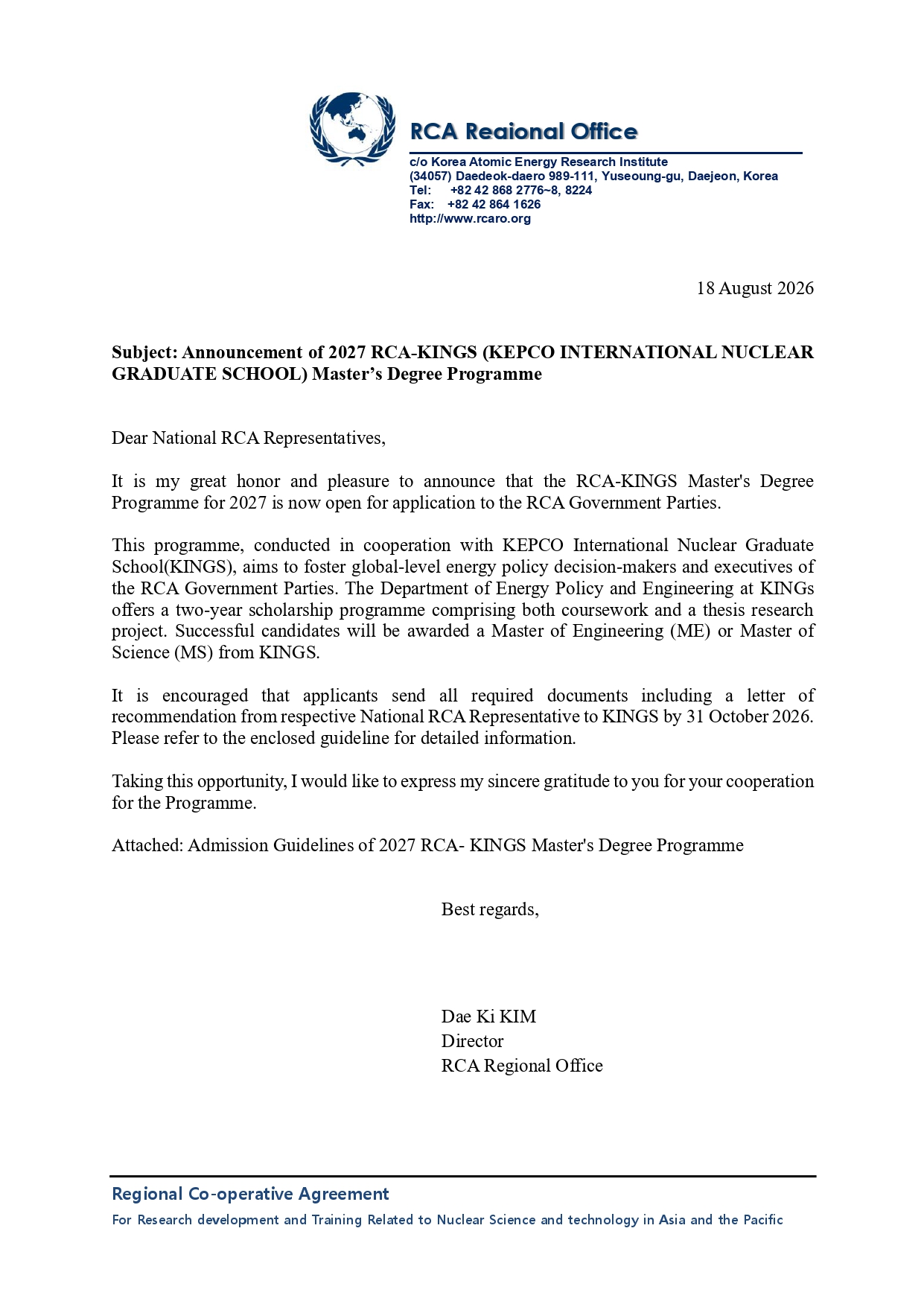 ทุนการศึกษาระดับมหาบัณฑิต 2027 IAEA TC Fellowship on Master's Degree Programmes in Nuclear Power Plant Engineering at KEP International Nuclear Graduate School (KINGS)  และทุน 2027 RCA-KINGS (KEPCO International Nuclear Graduate School) Master's Degree Programme ณ สาธารณรัฐเกาหลี
